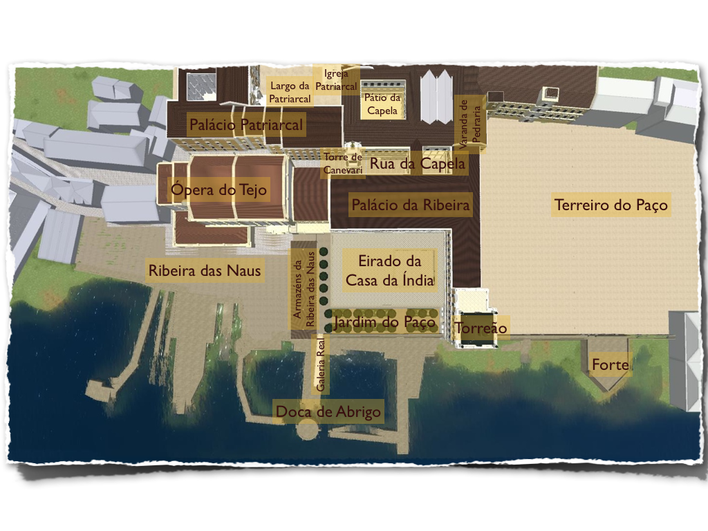 Vista aérea da Lisboa em 1755, com legendas nos pontos mais característicos.